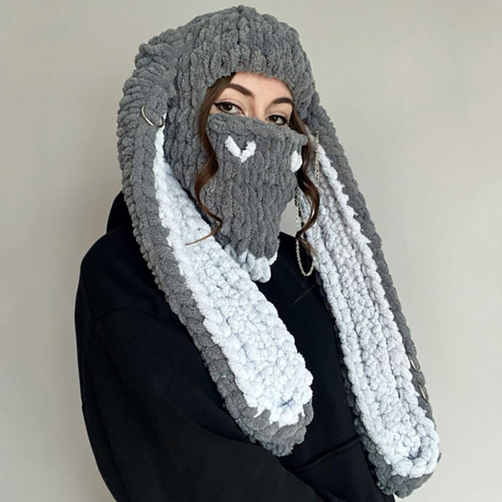 Women's Grey White Bunny Hat Knit Plush Long Ears Fluffy Cosplay Party Hat